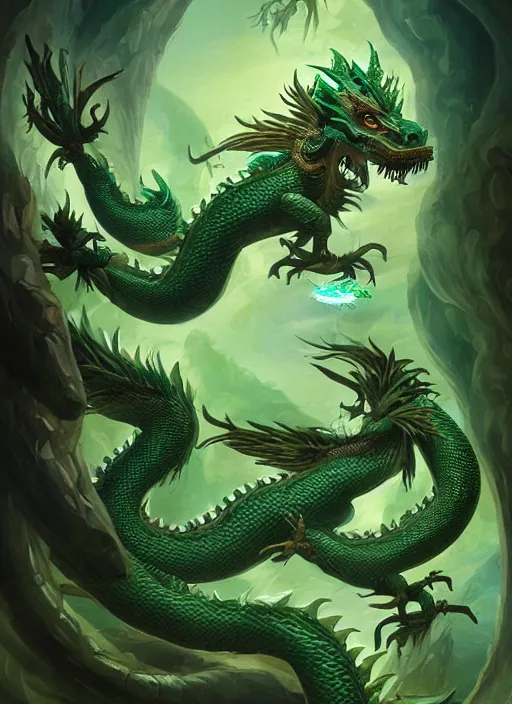 Image similar to a beautiful full - body green chinese dragon, wisdom, magical render in maya by peter mohrbacher and kentaro miura, artstation, 8 k ivan laliashvili, james gurney poster style