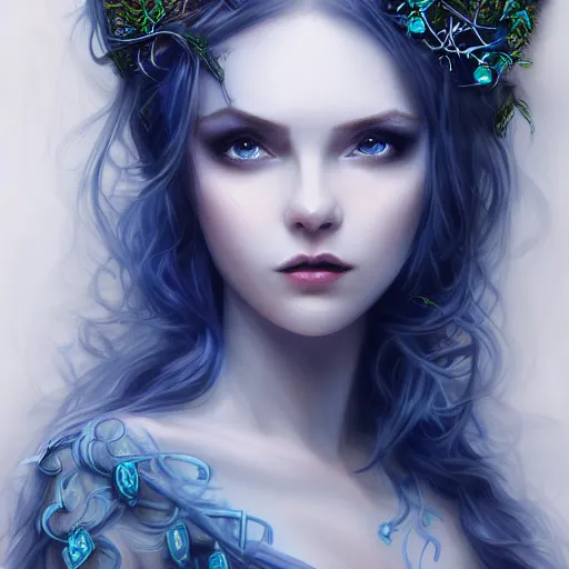 Image similar to detailed portrait of a dark fairy queen , realism, pale blue, emerald, sapphire, wearing a crown of vines, nest of vipers, moonlit, dark fantasy, dramatic lighting, cgsociety, artstation