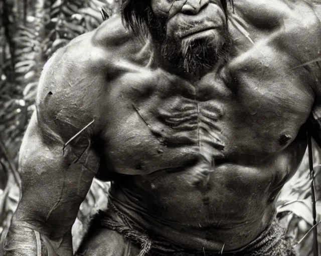 Image similar to hyper realistic group vintage photograph of a live action warcraft orc warrior tribe in the jungle, tall, hulk like physique, detailed faces, tribal paint, tribal armor, grain, old, monochrome, sepia toned, realistic lighting, wide angle