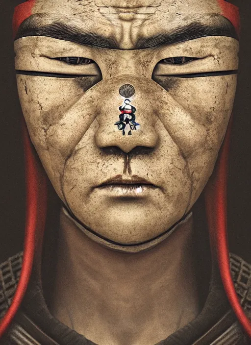 Prompt: samurai portrait, symmetrical face, wearing mempo mask, after a battle, dirt and unclean, extreme detail, cinematic, dramatic lighting render, photorealism photo by national geographic, tom bagshaw, masterpiece