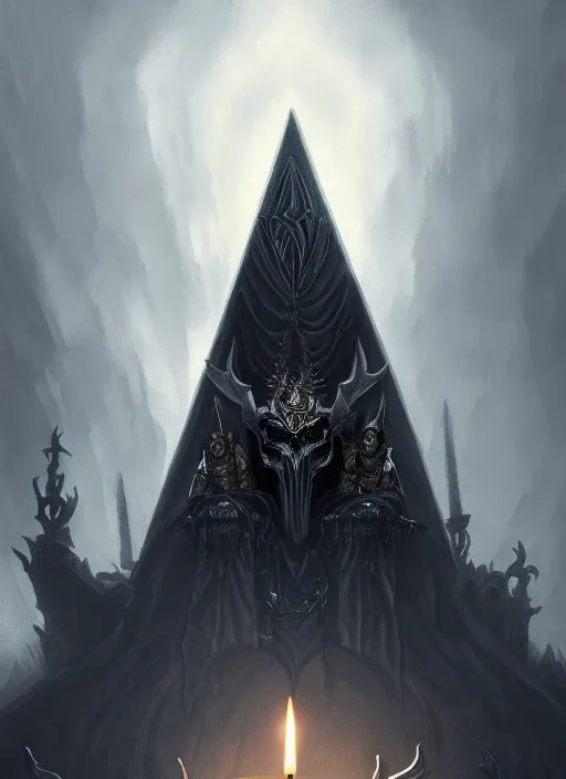 Image similar to portrait of nagash sitting atop his black pyramid, evil, grim dark, gloomy, mist, warhammer 4 0 k, onyx, intricate, elegant, evil candle light, highly detailed, digital painting, artstation, concept art, smooth, sharp focus, illustration, art by wlop, mars ravelo and greg rutkowski