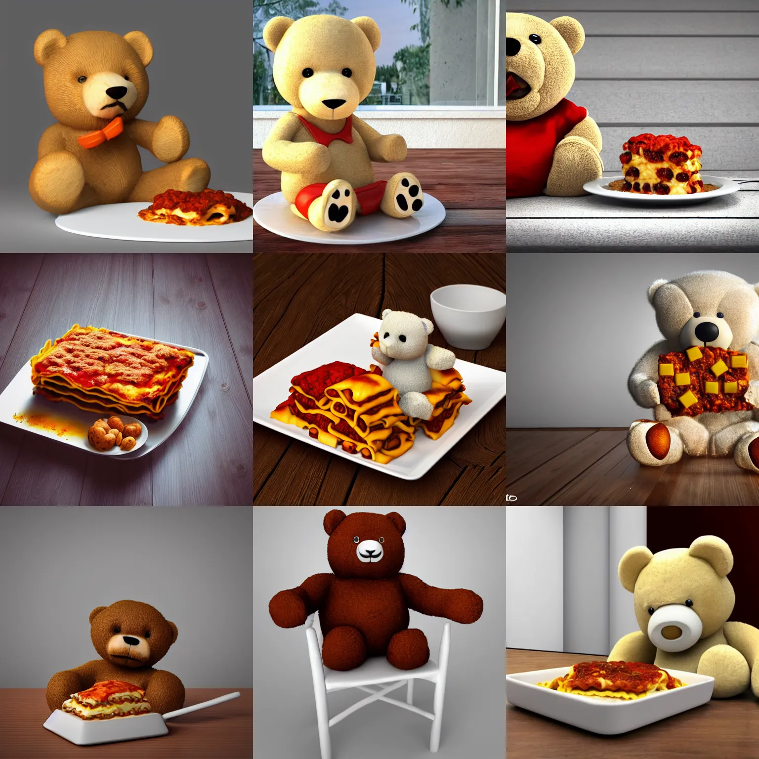 Prompt: a teddy bear eating lasagna, the teddy bear is sitting in a white chair at a white table on a wooden terrace, digital art, 3 d render, detailed