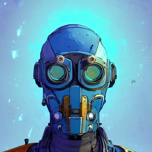 Prompt: cell shaded long shot of a cybernetic blue bald soldier with glowing blue eyes as Borderlands 3 concept art, llustration, post grunge, concept art by josan gonzales and wlop, by james jean, Victo ngai, David Rubín, Mike Mignola, Laurie Greasley, highly detailed, sharp focus,alien,Trending on Artstation, HQ, deviantart, art by artgem