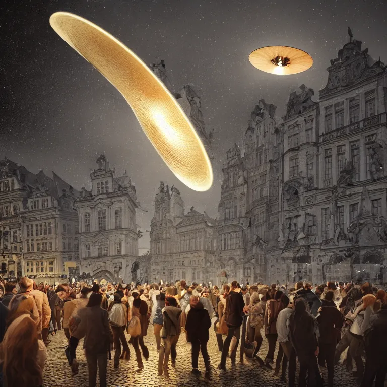 Prompt: shocked crowds of people witnessing ufo flying saucer landing in 1493 in Prague, column of light, beautiful detailed intricate insanely detailed 3D render digital art, octane render, 8K artistic portrait photography, photorealistic digital art, realistic volumetric lighting