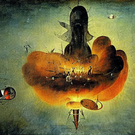 Image similar to A painting of a spaceship burning as it enters Earth's atmosphere, Hieronymus Bosch, sharp, colorful, detailed