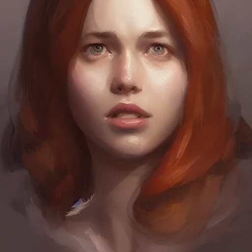 Prompt: portrait of a super friendly woman by greg rutkowski, he is about 2 9 years old, english, auburn slightly red shoulder length hair, brown eyes, cute chubby face, highly detailed portrait, digital painting, artstation, concept art, smooth, sharp foccus ilustration, artstation hq