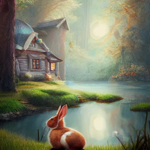 Image similar to brother grimms fairytale lakehouse rabbit digital art, irina french, heraldo ortega, mandy jurgens trending on artstation 8 k 1 5 0 mpx