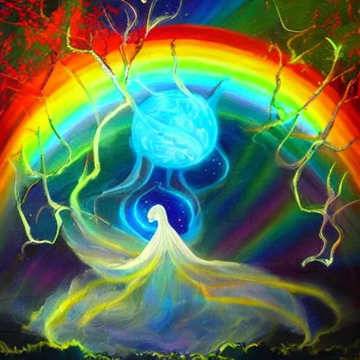 Image similar to the ghost of the world tree radiates rainbow light into the dark cosmos, epic painting