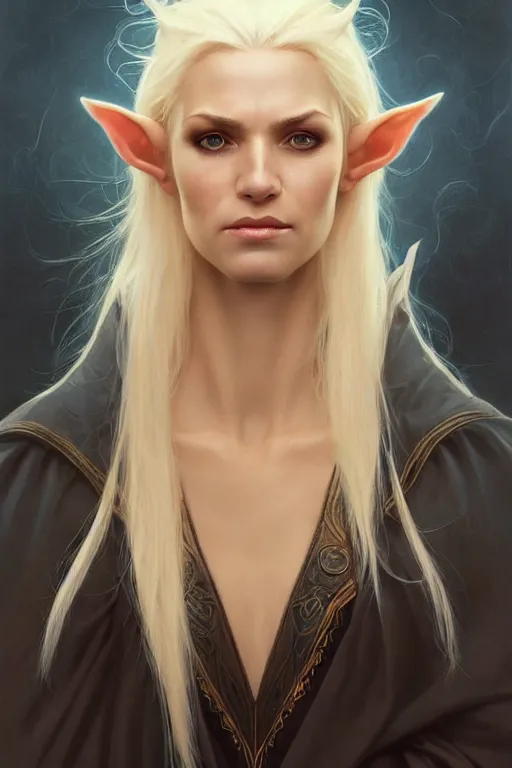 Image similar to portrait of an old blonde elven mage, dark, piercing eyes, gentle expression, elegant clothing, photorealistic, highly detailed, artstation, smooth, sharp focus, art by michael whelan, artgerm, greg rutkowski and alphonse mucha