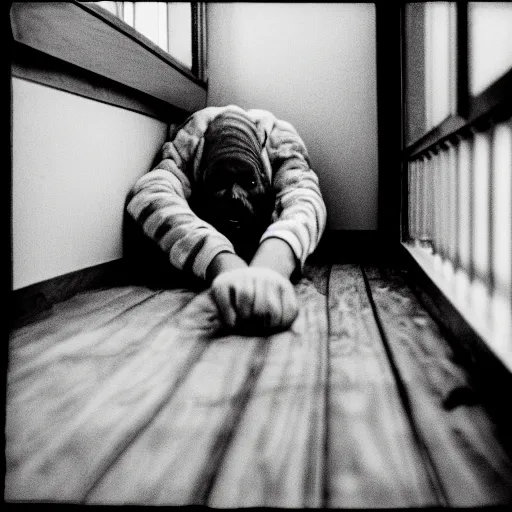 Image similar to a creepy looking human crawling out from underneath the bed, with the light of the window reflecting on him, black and white 35mm photograph.