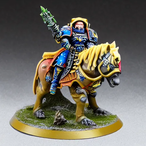 Image similar to 8 0 mm resin detailed miniature of a warhammer 4 0 k space marine riding a horse, product introduction photos, 4 k, full body, hyper detailed,