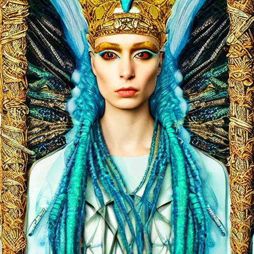 Image similar to sandro botticelli portrait of egyptian sumerian goddess princess intergalactica, nautical siren, queen of heaven, techno mystic goddess, with aqua neon dreadlocks, teal eyebrows encrusted with diamonds, wearing iris van herpen haute couture, star - gate of futurisma,