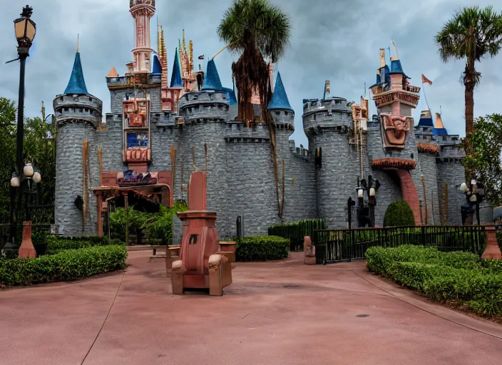 Prompt: cinematic shot of the outside of the Disney world park, shut down, abandoned, Florida, out of business, castle is falling apart and rusted, got shut down, kids place, liminal spaces, backrooms, empty, overgrown with weeds, crumbling castle, destroyed castle, completely obliterated, Disney world, Disney land, theme park, roller coasters, Disney, old and dirty, water damage, garbage