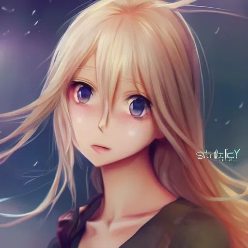 Image similar to a very beautiful anime cute girl, full body, long wavy blond hair, sky blue eyes, full round face, short smile, fancy top, miniskirt, front view, medium shot, mid-shot, highly detailed, cinematic wallpaper by Stanley Artgerm Lau