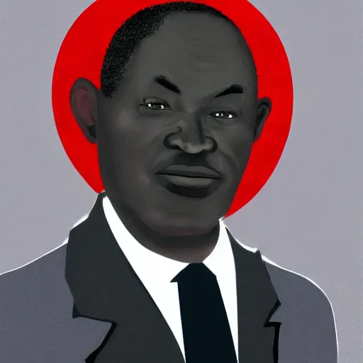 Prompt: a fatherly, aquiline nose, wide forehead, round face, XXL , loving, caring, generous, ever-present, humble, wise elder from Kenya with a friendly expression in a grey suit and red tie painted by Kara Walker. Fatherly/daddy, focused, loving, leader, relaxed,. ethereal lights, details, smooth, sharp focus, illustration, realistic, cinematic, artstation, award winning, rgb , unreal engine, octane render, cinematic light, macro, depth of field, blur, red light and clouds from the back, highly detailed epic cinematic concept art CG render made in Maya, Blender and Photoshop, octane render, excellent composition, dynamic dramatic cinematic lighting, aesthetic, very inspirational, arthouse.