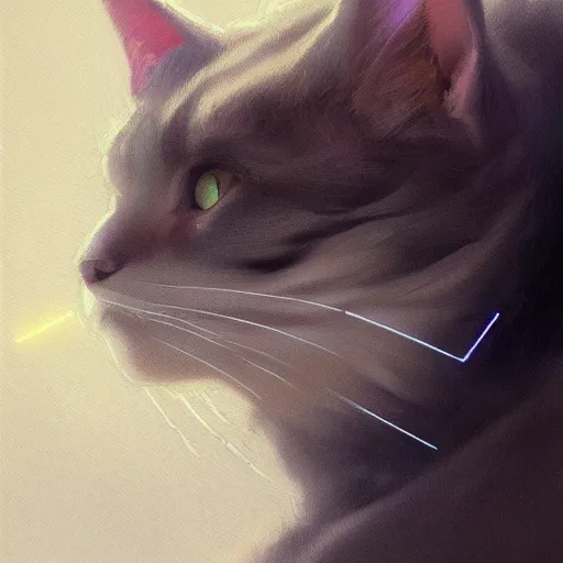 Image similar to Cat!!!!!!!!! Portrait by Greg Rutkowski, intricate details, futuristic, volumetric lights, streetwear, studio ghibli, Organic Painting , Matte Painting, geometric shapes, hard edges, trending on the artstation, fantasy LUT, realistic by Sachin Teng + Martin Grip + Moebius + Patrick Gleason, smooth, sharp focus, illustration, art by John Collier and Albert Aublet and Krenz Cushart and Artem Demura and Alphonse Mucha, techwear, Industrial Scifi, detailed illustration, character portrait,