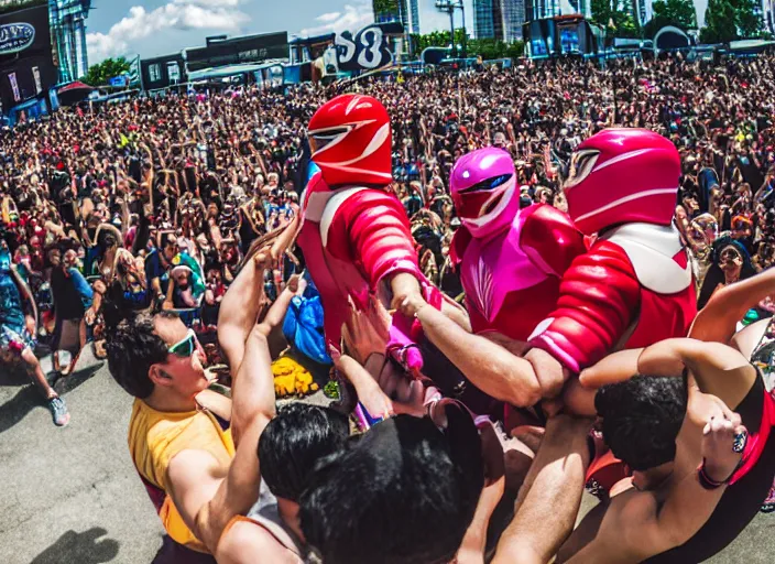 Image similar to photo still of putties from power rangers at the vans warped tour!!!!!!!! at age 3 6 years old 3 6 years of age!!!!!!!! stage diving into the crowd, 8 k, 8 5 mm f 1. 8, studio lighting, rim light, right side key light