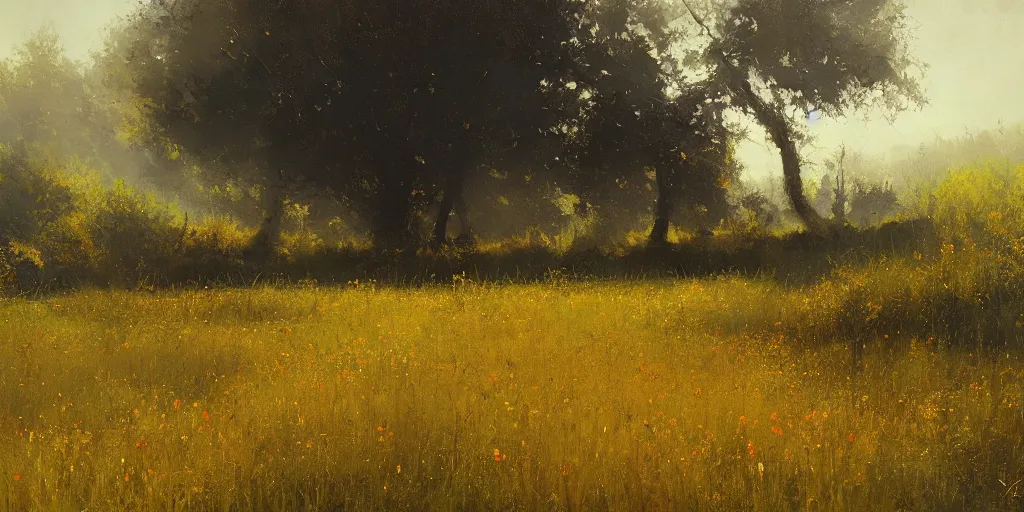 Prompt: a dark oil painting of a beautiful meadow; masterpiece; extremely-detailed; by Craig Mullins