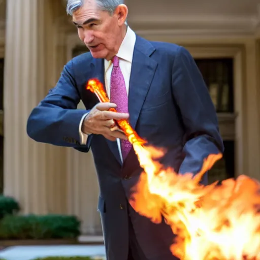 Image similar to photo of Jerome Powell using a flamethrower