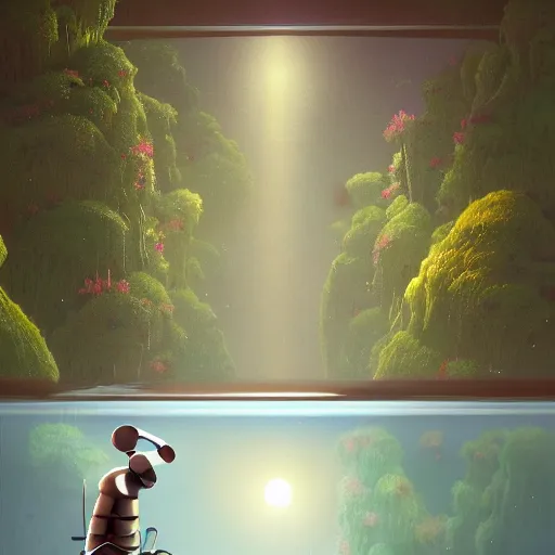 Image similar to Goro Fujita, minimalistic, hyperrealistic surrealism, award winning masterpiece with incredible details, epic stunning, infinity pool, an astronaut alone inside an empty dark flooded ballroom overgrown with aquatic plants, highly detailed, trending on ArtStation, artgerm and greg rutkowski and alphonse mucha, daily deviation, IAMAG