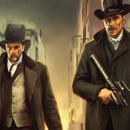 Prompt: [UHD Sherlock Holmes and Watson as GTA characters on the streets of futuristic cyberpunk London, correct faces, intricate, elegant, graphic detail, digital painting, trending on artstation, concept art, tonalism, sharp focus, illustration, art by Miguel Vasquez and Greg Rutkowski and Alphonse Mucha]