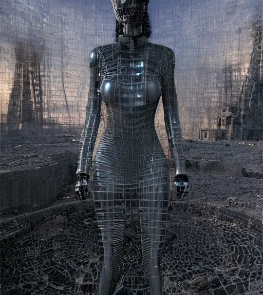 Image similar to tarkovsky's greatest scene, the ancient destroyed majestic tower of babylon, woman in a gantz o suit, futuristic cyber clothing, transparent puffer jacket, hyperrealistic, blockchain, cyber world, ambient lighting, concept art, intricate suit, hyper detailed, smooth, dynamic volumetric lighting, octane, ray trace, cinematic, high quality, cgsociety