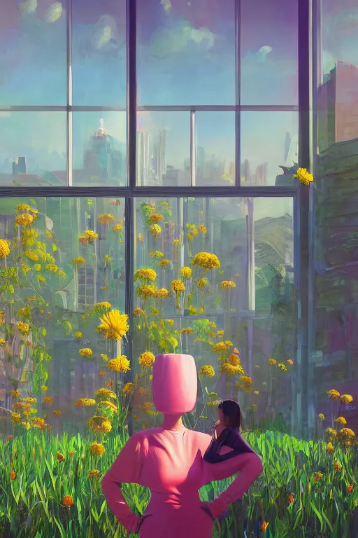 Image similar to closeup, huge flower as head, woman standing by tall modern windows, luxury apartment, surreal photography, sunlight, impressionist painting, digital painting, artstation, simon stalenhag
