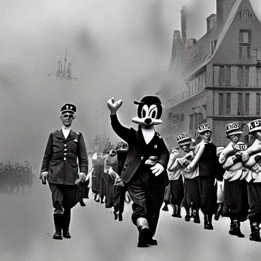 Image similar to historic colorized photograph of donald duck at a nazi parade in 1 9 3 6