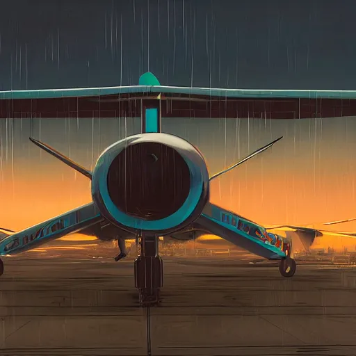 Image similar to movie frame of a vintage scrappy aircraft parked on the tarmac on a misty day, wet ground, neon lights, wide angle shot, by ian mcque ferdinand knab, makoto shinkai and lois van baarle, artgerm, pixar, ilya kuvshinov,, tom bagshaw, global illumination