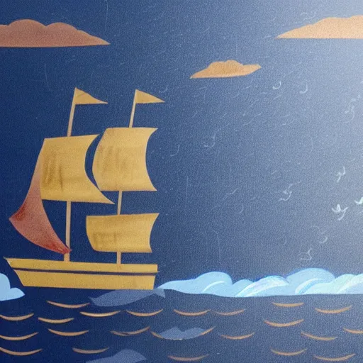 Image similar to a girl is pirate in a ship which is sailing in dark sea sky is dark blue and clouds and thunderstorms coming in far waves are big detailed picture