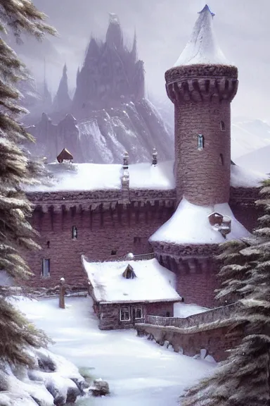 Image similar to a painting of a castle in the middle of a snowy mountain, a detailed matte painting by andreas rocha and greg rutkowski, featured on artstation, fantasy art, matte drawing, matte painting, artstation hq