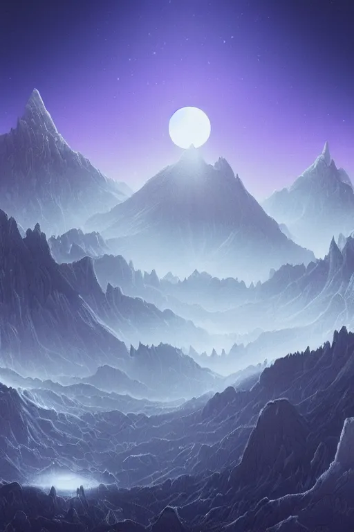 Image similar to digital matte fantasy dreamy mountain scape pastels snow futuristic moonlight, artstation, behance, 8 k by alex grey