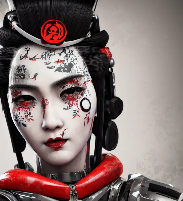 Image similar to an epic fantastic realism comic book style portrait painting of a japanese robotic geisha with kanji tattoos and decals, apex legends, octane render, intricate detail, 4 k hd, unreal engine 5