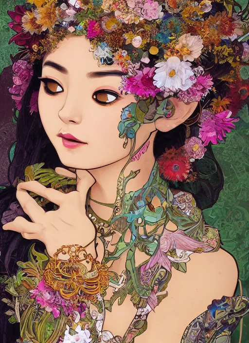 Image similar to !!! very coherent!!! oil painting, beautiful floralpunk balinese cyborg portrait girl female illustration detailed patterns art of bali traditional dress, flower pop art, floral splash painting, art by ashley wood, alphonse mucha, makoto shinkai, geof darrow, dark shadow