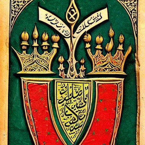 Image similar to “ medieval islamic heraldry, highly detailed, painted, realistic, historical, coat of arms, arabic ”