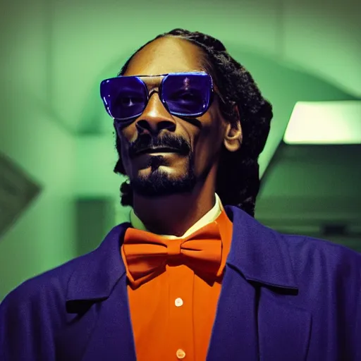 Image similar to snoop dogg as a young man with a beard in a dark blue trenchcoat with an orange bowtie as the new doctor who, cinematic, volumetric lighting, f 8 aperture, cinematic eastman 5 3 8 4 film, photorealistic