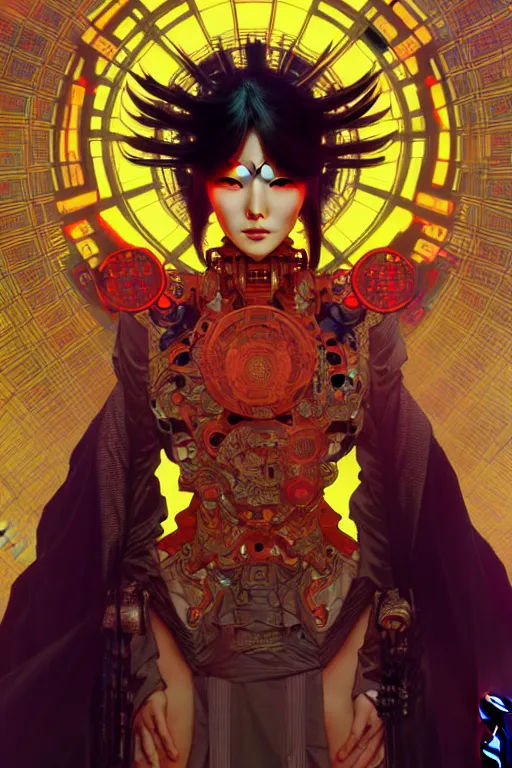 Prompt: akira from chinese mythology, hi - tech luciferian synthetic, gorgeous and huge head ornaments, dystopian, cyberpunk, mecha, cinematic dramatic light, ominous, intricate, studio, art by alphonse mucha, concept art, 4 k, sharp focus