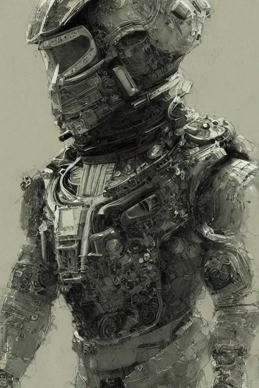 Prompt: portrait of a future cosmonaut with helmet having cybernetics and wirings, pen and ink, intricate line drawings, by craig mullins, ruan jia, kentaro miura, greg rutkowski