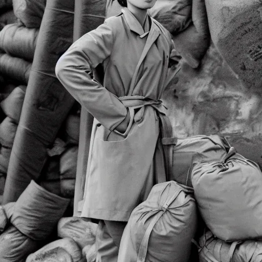 Prompt: manga, monochromatic, miura kentaro, side portrait of a girl, trench and sandbags in background, soldier clothing