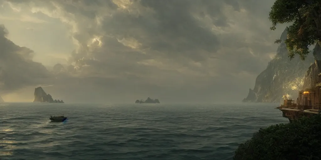 Image similar to screencap from a movie, epic matte painting of an island, cinematic cinematography masterpiece, greg rutkowski, and ivan aivazovski, roger deakins