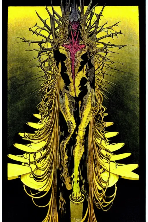 Image similar to black and yellow technicolor color risoprint, alphonse mucha, richard corben, wayne barlowe, moebius, heavy metal comic cover art, psychedelic triangular skeletal calcification fungus lich in darkiron spike armor, full body, hollow eyes, symmetrical face, long black crown, in a dungeon background, moody dark colors