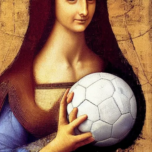 Image similar to Olivia Newton-John holding soccer ball face close-up by Leonardo da Vinci