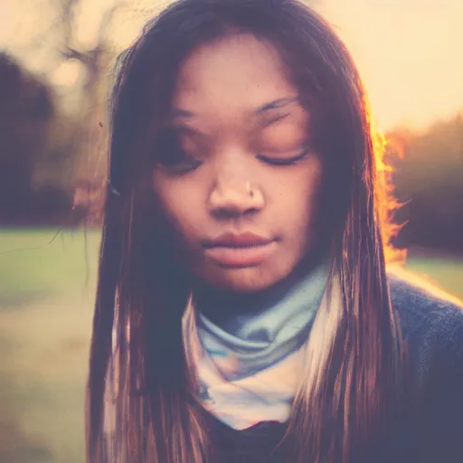 Prompt: instant photograph of a young person, looking to the camera, face only, polaroid, raw, beautiful, nostalgic, light leak, sunset, clouds, park