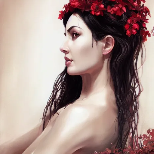 Prompt: realistic detailed semirealism Monica Bellucci as Persephone, 4K high resolution quality artstyle professional artists WLOP, Aztodio, Taejune Kim, Guweiz, Pixiv, Instagram, Artstation