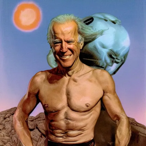 Image similar to science fiction boris vallejo portrait of joe biden wearing monokini in the movie zardoz