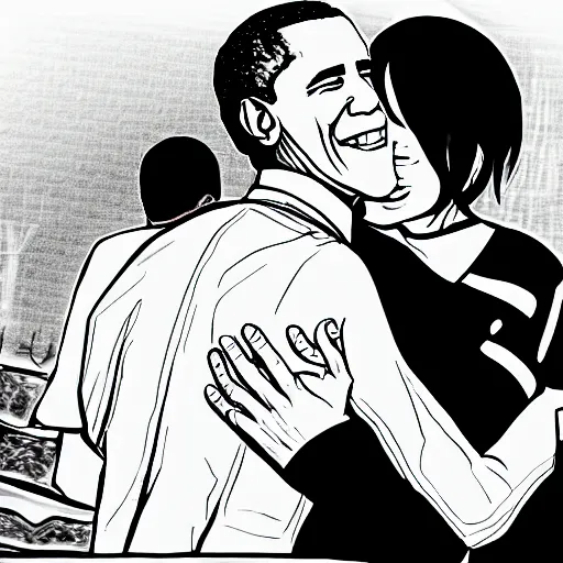 Image similar to a digital drawing of Barack Obama hugging his anime waifu, trending on Pixiv, set on afternoon