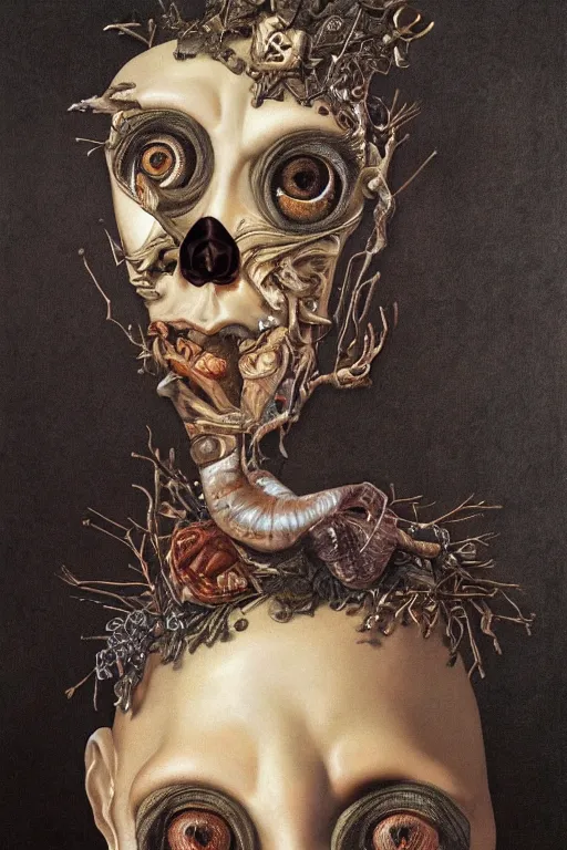 Image similar to Detailed maximalist portrait with large lips and with large wide eyes, surprised expression, surreal extra flesh and bones, HD mixed media, 3D collage, highly detailed and intricate, illustration in the golden ratio, in the style of Caravaggio, dark art, baroque