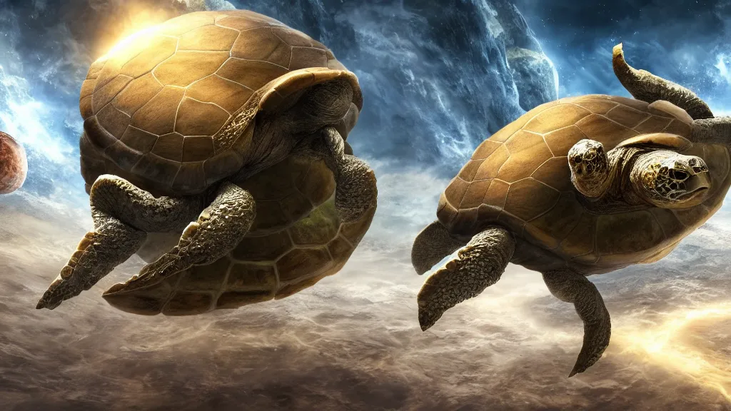 Image similar to the world turtle carrying earth on his back as it floats through space, shell made up of earth, fantasy artwork, very very very beautiful scenery, hd, hdr, ue5, ue6, unreal engine 5, cinematic 4k wallpaper, 8k, ultra detailed, high resolution, artstation, award winning