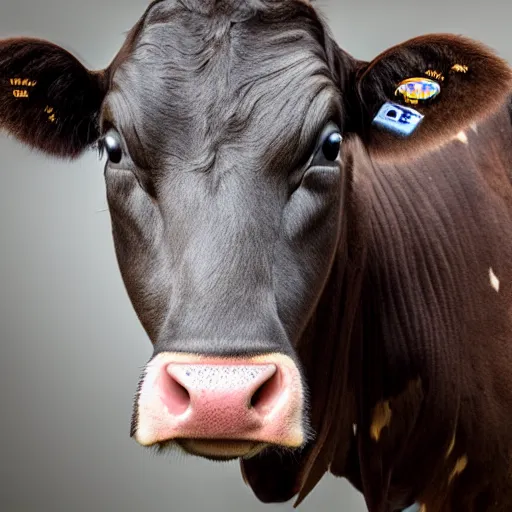 Prompt: 33mm photo of a cow close up studio lightning grey background