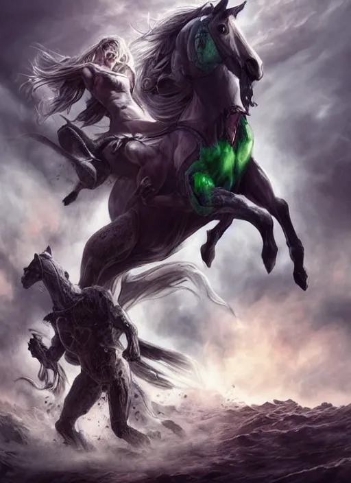 Image similar to the singular horseman of the apocalypse is riding a strong fierce ferocious rabid undead green stallion, horse is up on its hind legs, the strong male rider is death with a scithe, beautiful artwork by artgerm and rutkowski, breathtaking, beautifully lit, dramatic